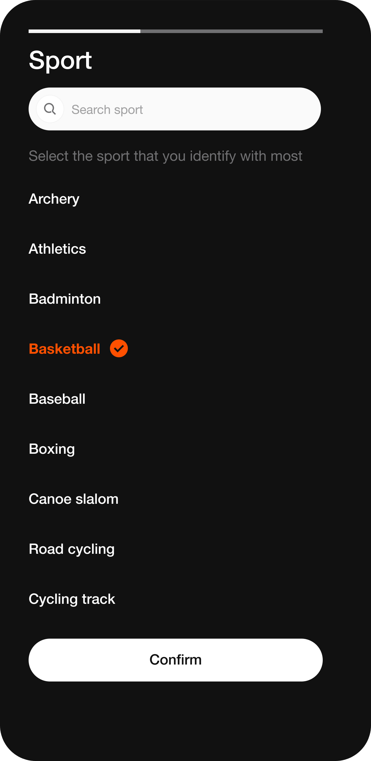 Onboarding — choose your sport