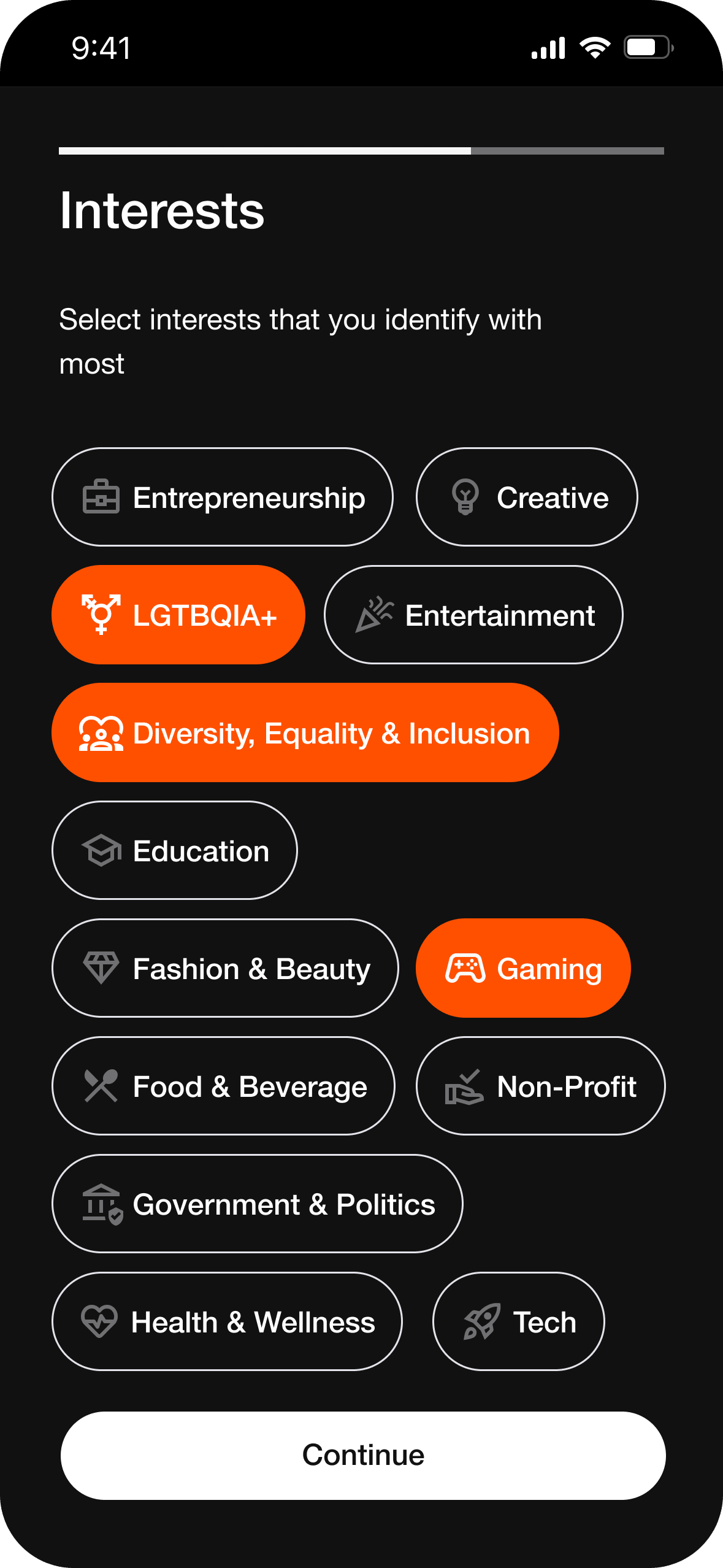 Onboarding — select interests that you identify with most