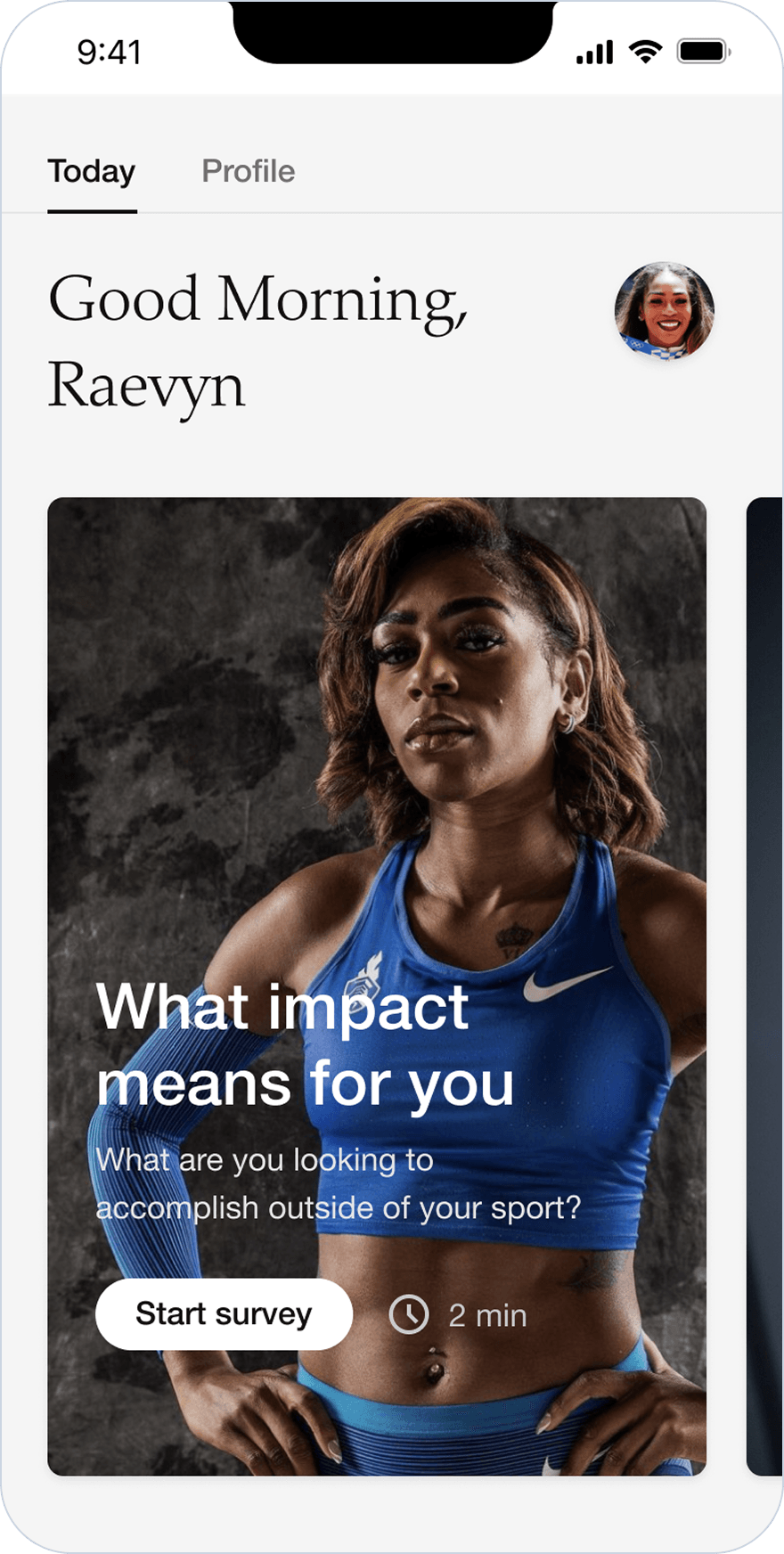 AthleteHQ landing screen — Good Morning, Raevyn