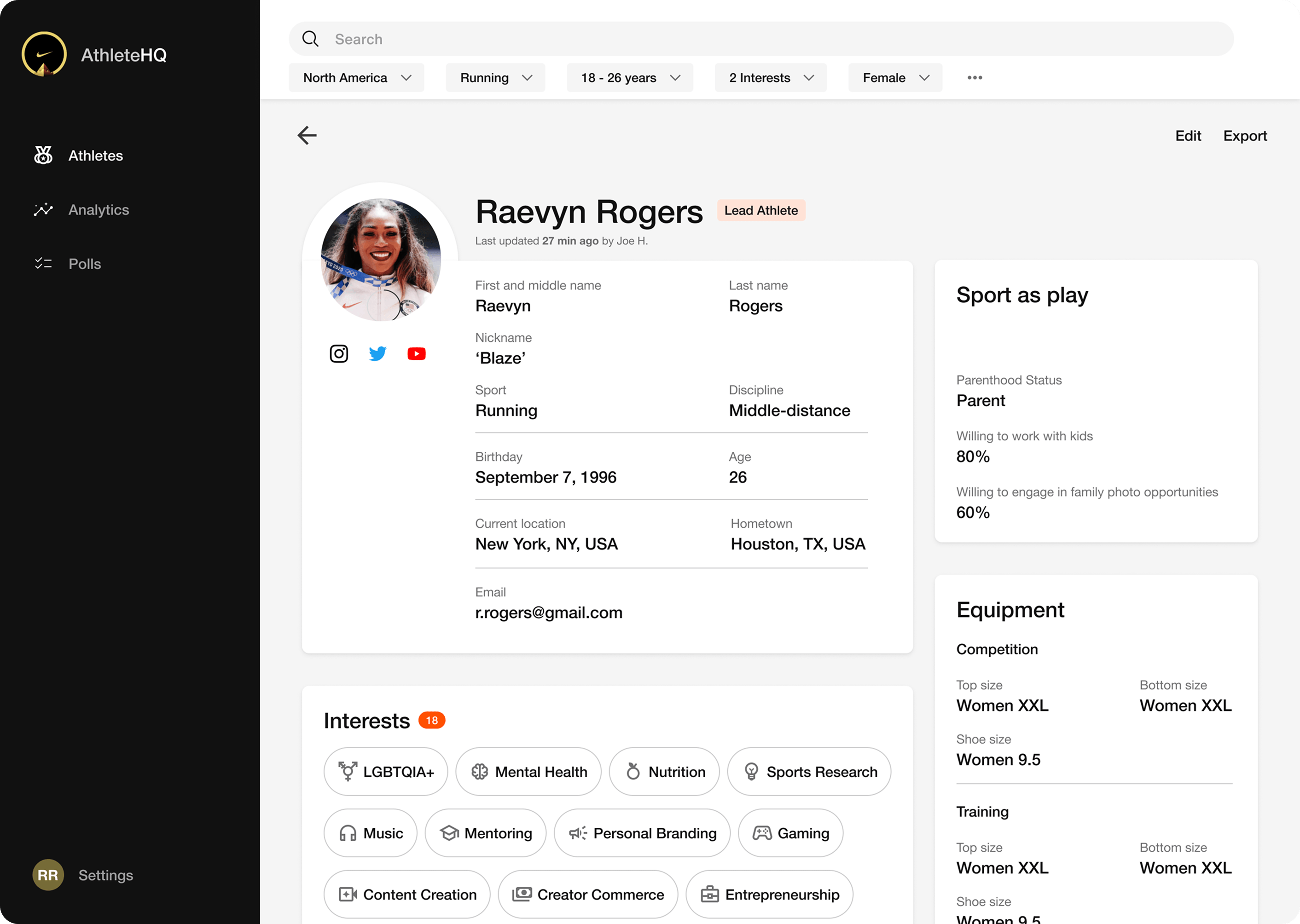 Sport marketing portal — athlete profile splash