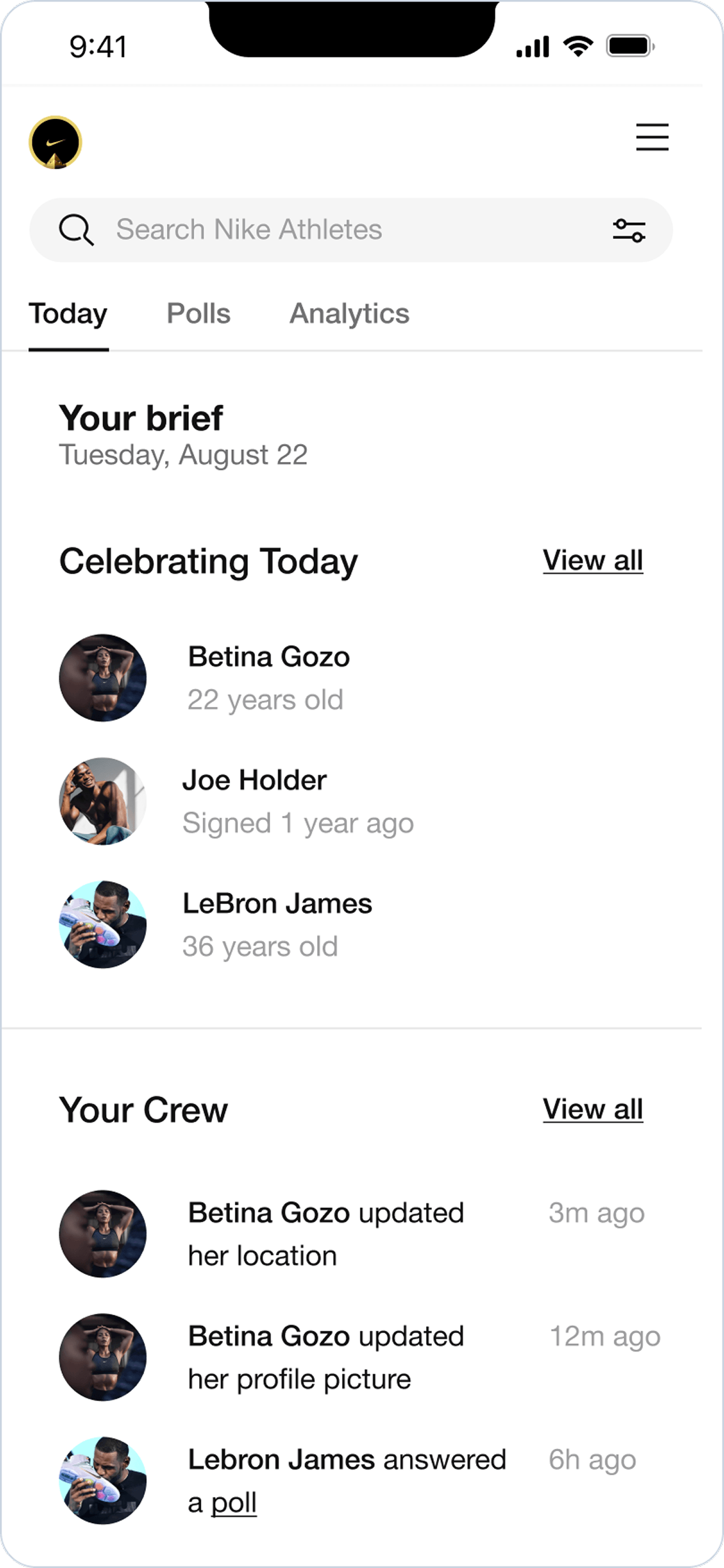 Sport rep mobile — Today brief, Celebrating, Your Crew